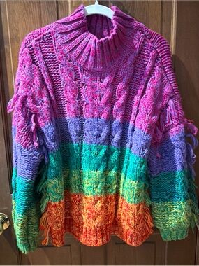 FARM Rio Colorblock Fringe Cable-Knit Turtleneck Sweater